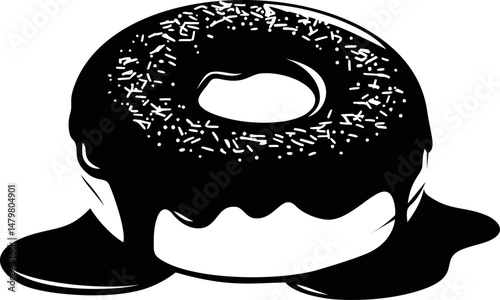 Black and white illustration of donut with icing and sprinkles melting. Vector illustration