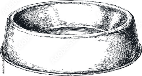 Sketch of an empty metal dog bowl in black and white with detailed shading. Vector illustration