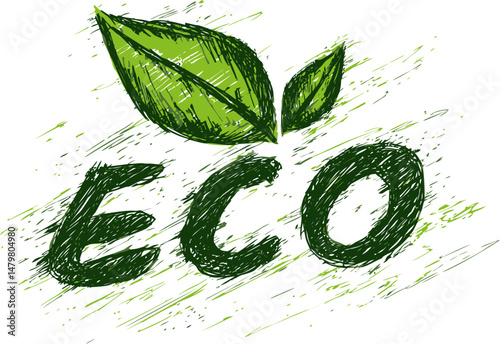 Green eco lettering with leaves on a scribbled background for environmental concept. Vector illustration