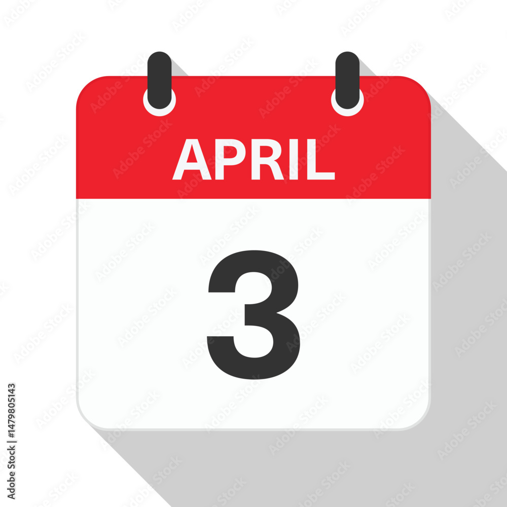 April 3 Daily Calendar. Red Theme on White Background April 3 Daily Calendar. Red Theme on White Background