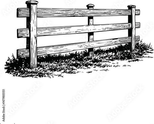 Wooden fence illustration with grass in black and white, vintage sketch style. Vector illustration