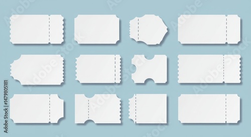 Collection of diverse blank ticket stubs in various shapes and designs layout