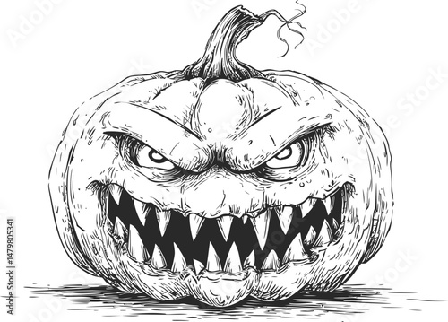 Spooky black and white illustration of a fiercely grinning pumpkin creature. Vector illustration