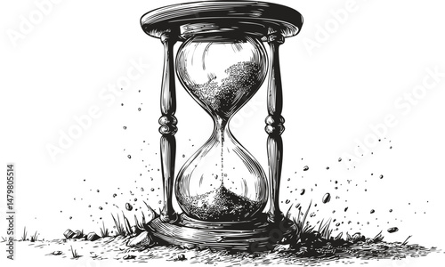 Vintage hourglass with sand spilling in black and white sketch style illustration. Vector illustration