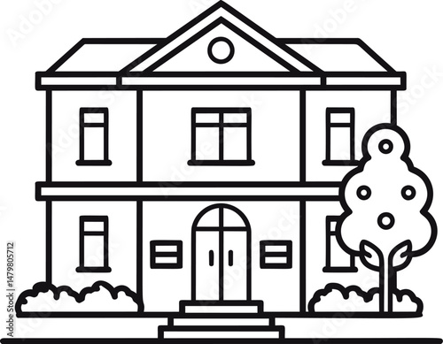 Line drawing of a two-story house with a triangular roof and garden elements. Vector illustration