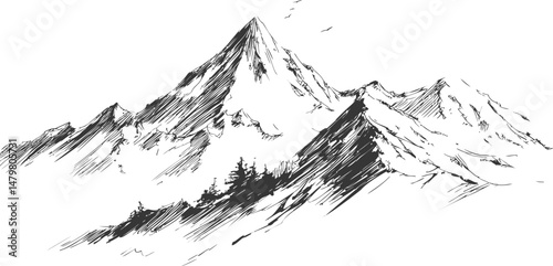 Ink sketch of dramatic mountain peaks with bold lines and detailed textures. Vector illustration