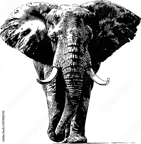 Black and white illustration of a majestic elephant walking forward. Vector illustration