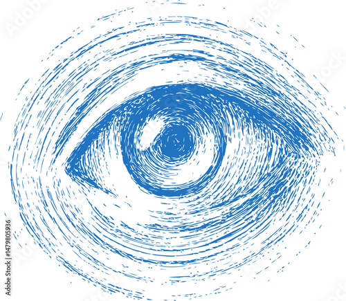 Blue hand-drawn eye illustration with swirling lines. Vector illustration