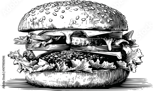 Detailed black and white illustration of a classic cheeseburger with lettuce. Vector illustration