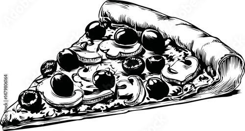 Black and white sketch of pizza slice with olives and mushrooms illustration. Vector illustration