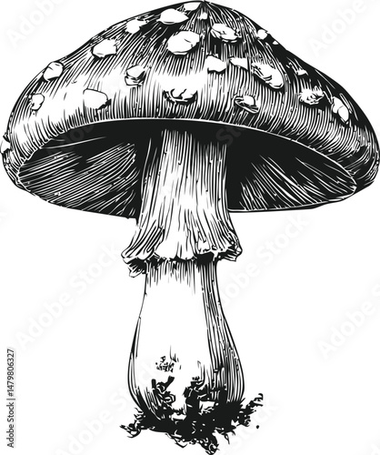 Detailed black and white drawing of a mushroom with spotted cap, artistic print. Vector illustration