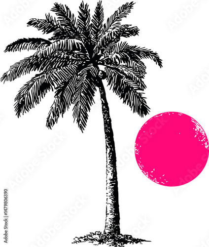 Illustration of palm tree with pink circle in minimalist style art design. Vector illustration