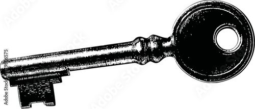 Vintage black and white illustration of an old skeleton key. Vector illustration