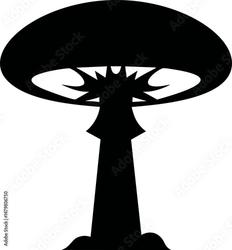 Black silhouette of a mushroom cloud symbolizing explosion and destruction. Vector illustration