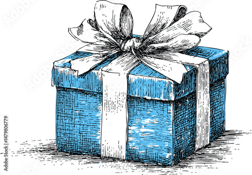 Blue gift box with white ribbon and bow sketch art, detailed illustration. Vector illustration