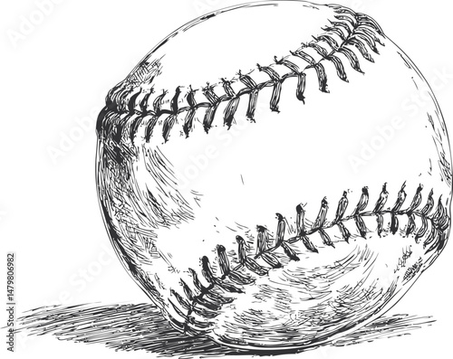 Detailed black and white sketch of a baseball with intricate stitching lines. Vector illustration