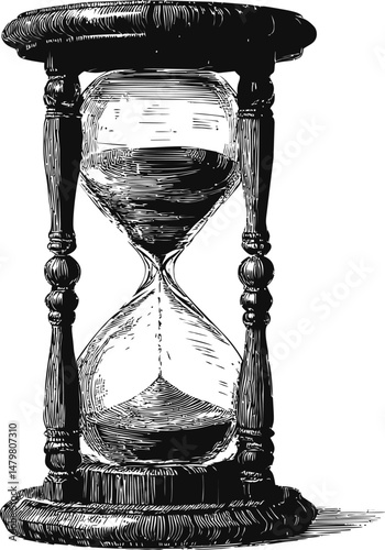 Vintage black and white illustration of an hourglass with detailed wood frame. Vector illustration