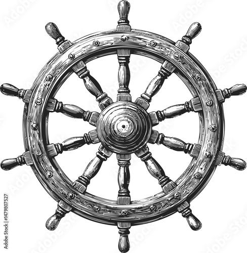 Detailed vintage ship steering wheel illustration with intricate wood texture. Vector illustration
