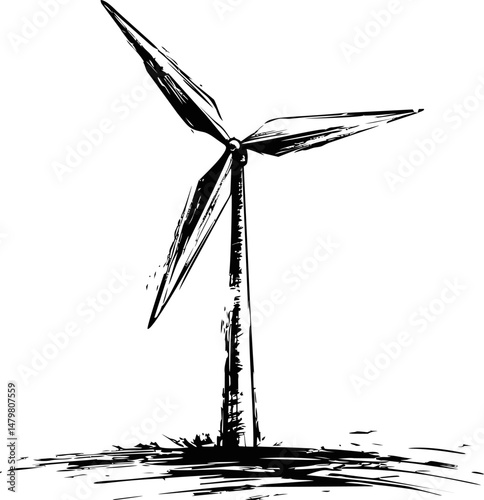 Black and white wind turbine sketch on a plain background, simple line art. Vector illustration