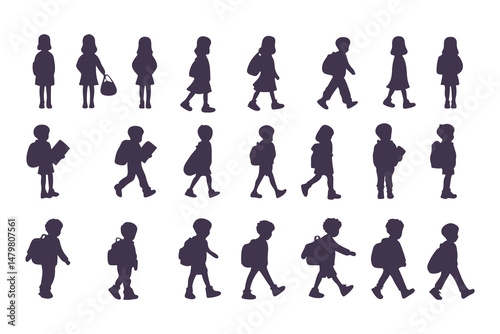 School Children Silhouettes, Kids Walking with Backpacks, Children Side Profile Silhouette, School Kids Standing and Walking, Backpack Kids Silhouettes Clipart Vector Illustration.
