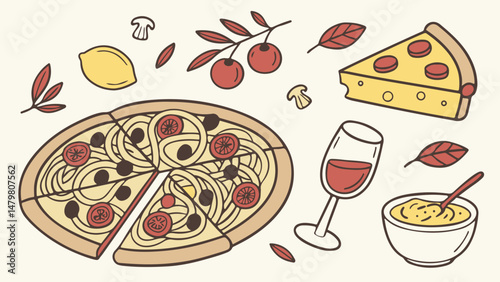 Italian food assortment pizza pasta wine and lemons

