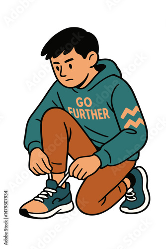 Focused Boy Tying Shoelaces in “Go Further” Hoodie Vector
