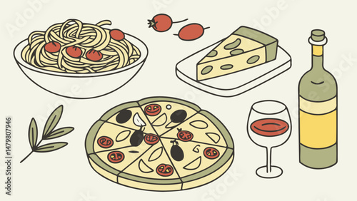Italian food assortment pizza pasta wine and lemons
