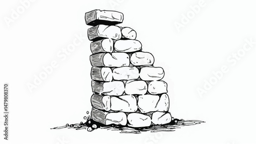 A black and white, hand-drawn illustration of a stack of bricks on a white background. Brick wall. A stack of bricks.	