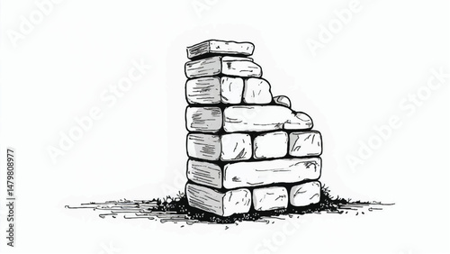 A black and white, hand-drawn illustration of a stack of bricks on a white background. Brick wall. A stack of bricks.	