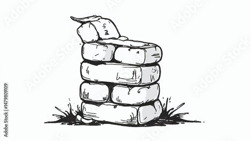 A black and white, hand-drawn illustration of a stack of bricks on a white background. Brick wall. A stack of bricks.	