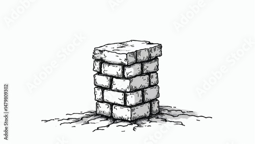A black and white, hand-drawn illustration of a stack of bricks on a white background. Brick wall. A stack of bricks.	