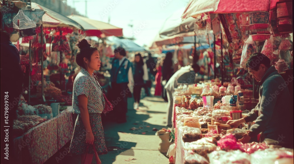 Obraz premium A bustling market filled with colors and diverse goods is alive with people, capturing the essence of community and commerce.