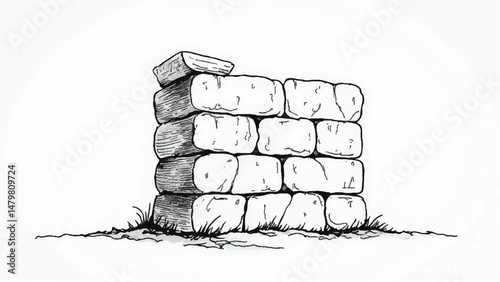 A black and white, hand-drawn illustration of a stack of bricks on a white background. Brick wall. A stack of bricks.	