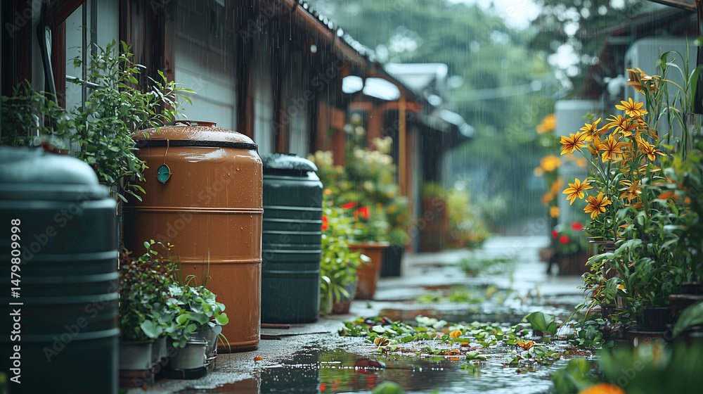 Obraz premium A peaceful village pathway lined with traditional homes and rainwater barrels. The image showcases eco-friendly living, smart water collection, and the integration of sustainability practices