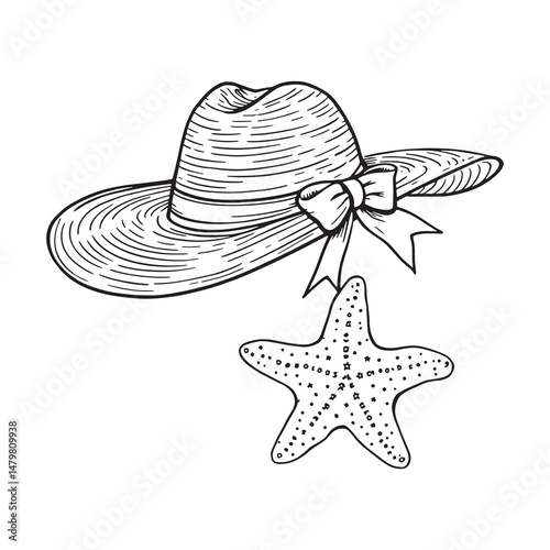 simple outline vector of straw hat with starfish