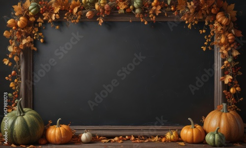 Rustic chalkboard frame overflowing with various sized pumpkins and gourds, autumn leaves scattered around ,  pumpkins,  wood