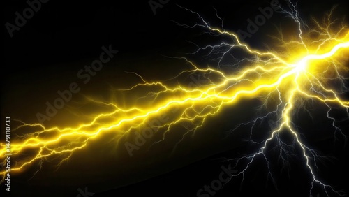 Electric arc on black background with bright yellow lightning bolt , sharp, striking,  sharp, striking, energetic