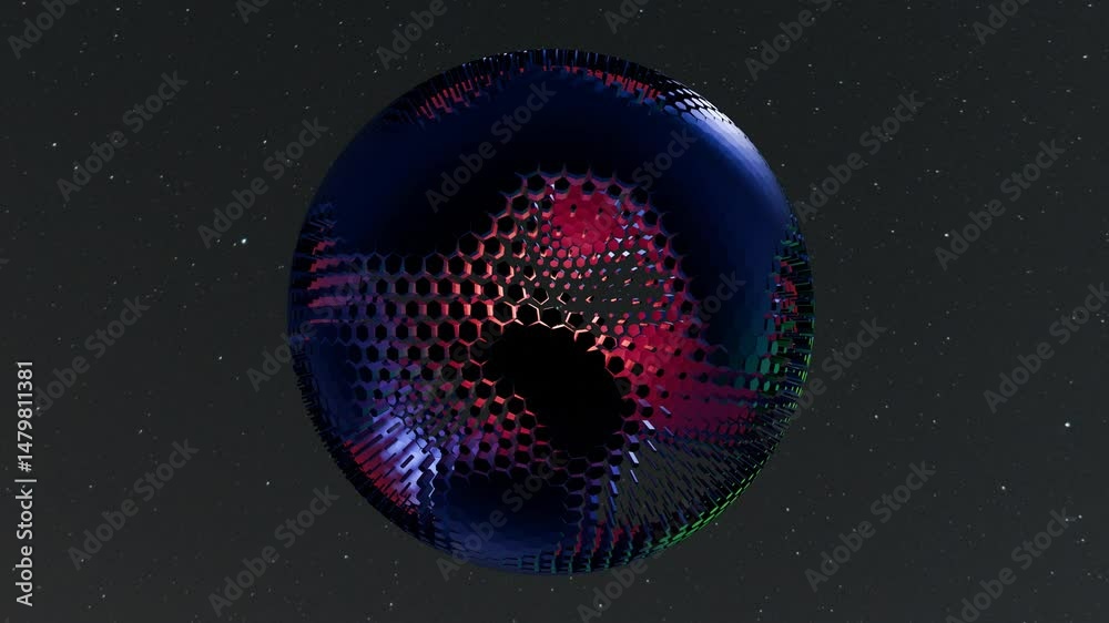 Round colorful 3D sphere built up of hexagonal shapes in front of a starry dark background, lit from two sides. Shapes surface is changing its structur. Fantasy space scenario. 
