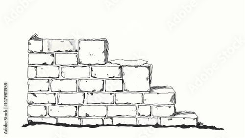 A black and white, hand-drawn illustration of a stack of bricks on a white background. Brick wall. A stack of bricks.	