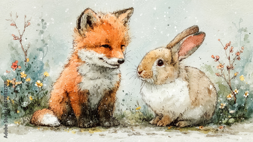 Obraz premium 優しいキツネとうさぎの友情物語が描かれた絵本風イラスト｜草原の中で微笑みあう動物たちのかわいい春のワンシーン｜心温まるキャラクターイラスト素材