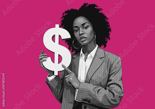 Businesswoman holding and pointing to a large dollar sign - isolated on magenta business concept