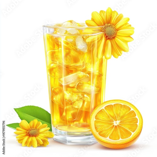 Refreshing iced tea with lemon and flowers