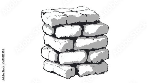 A black and white, hand-drawn illustration of a stack of bricks on a white background. Brick wall. A stack of bricks.	