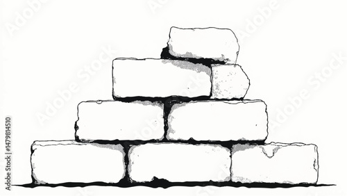 A black and white, hand-drawn illustration of a stack of bricks on a white background. Brick wall. A stack of bricks.	