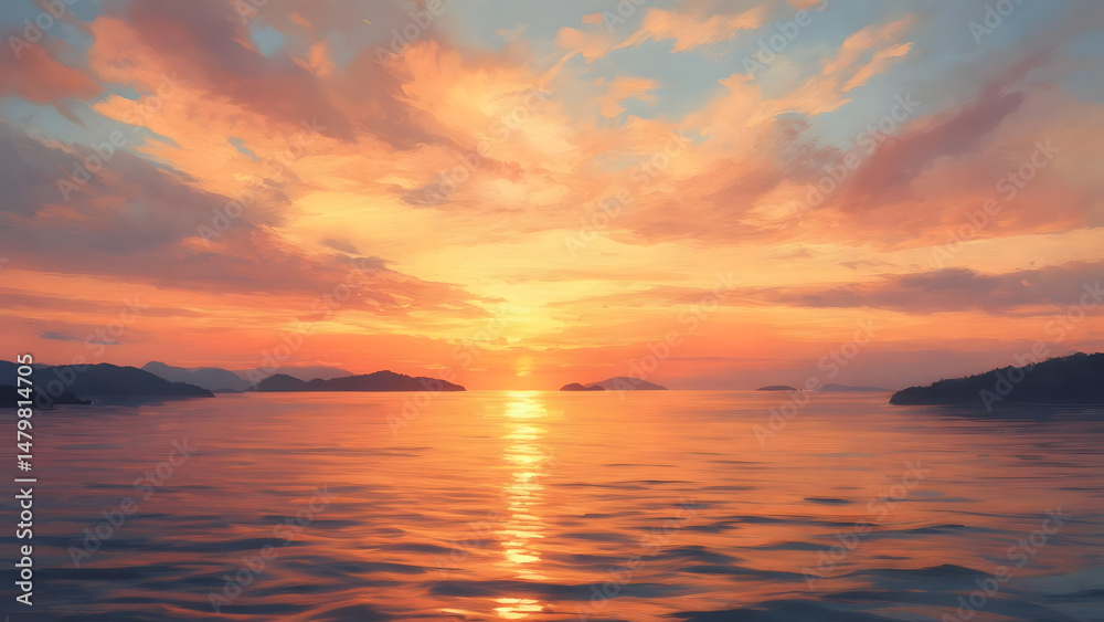 Obraz premium Serene sunset over calm waters with vibrant colors reflecting on the surface, surrounded by distant islands and soft clouds