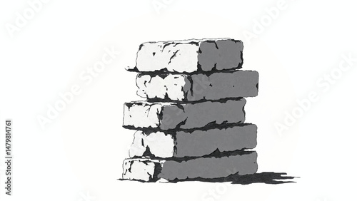 A black and white, hand-drawn illustration of a stack of bricks on a white background. Brick wall. A stack of bricks.	