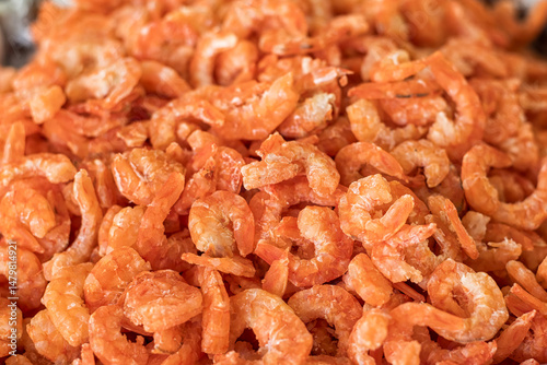 Dried shrimp or dried salted prawn, seafood background.