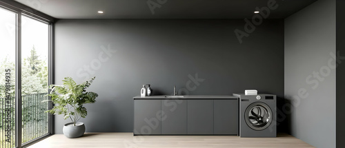 Modern Gray Laundry Room Interior With Window View