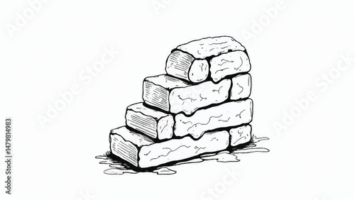 A black and white, hand-drawn illustration of a stack of bricks on a white background. Brick wall. A stack of bricks.	