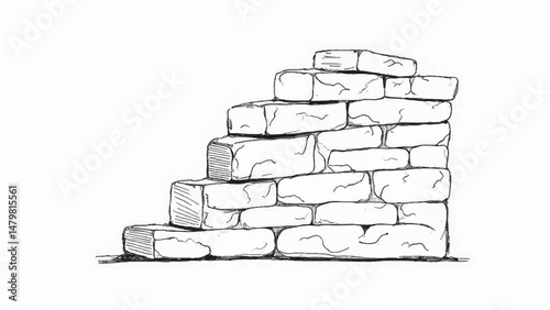 A black and white, hand-drawn illustration of a stack of bricks on a white background. Brick wall. A stack of bricks.	